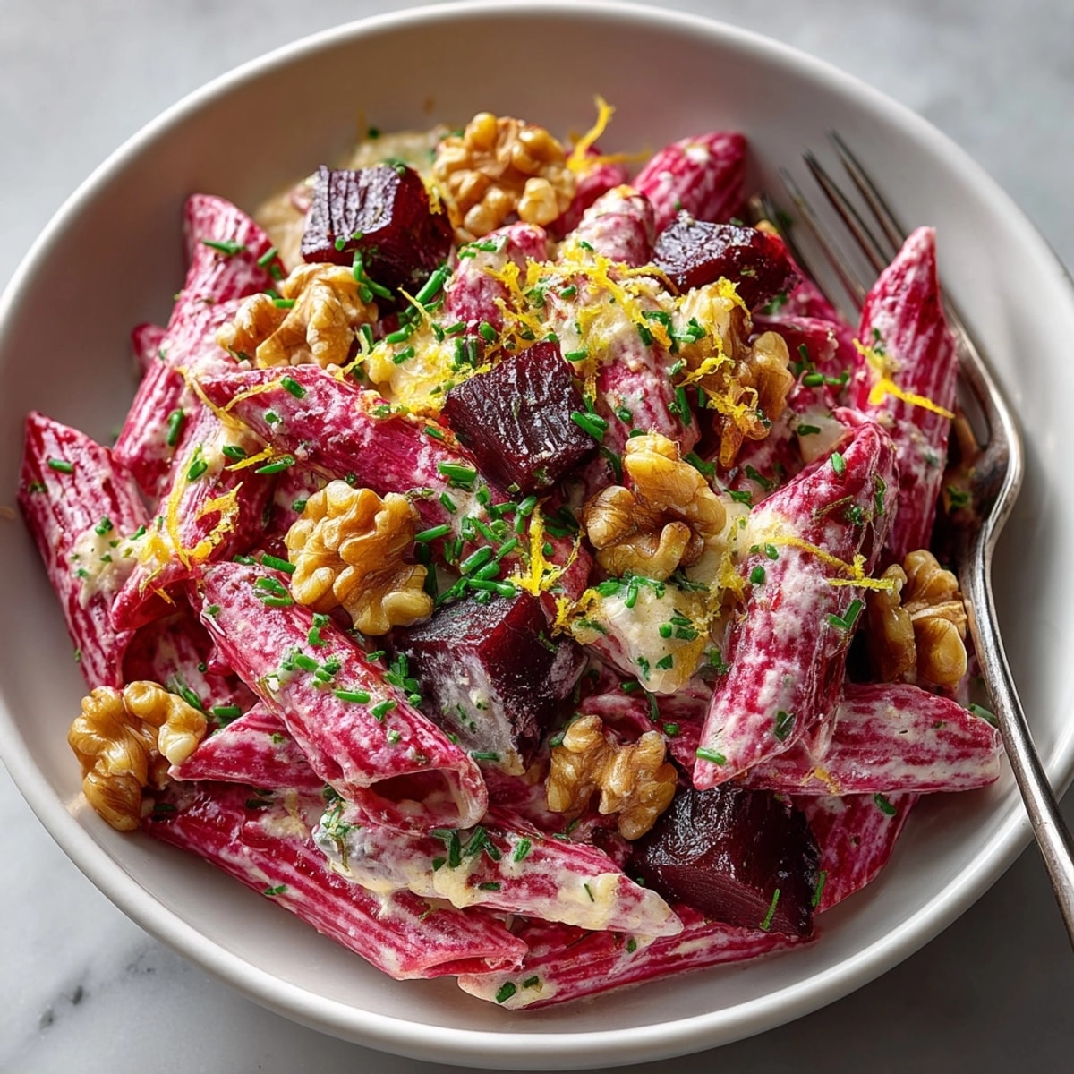 Luscious beet and goat cheese pasta topped with glossy candied walnut crunch, ready to serve.