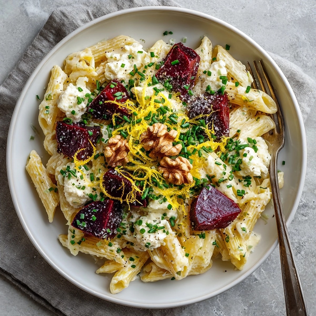 Close-up of beet and goat cheese pasta, tangy cheese melting over sweet beets and walnuts.