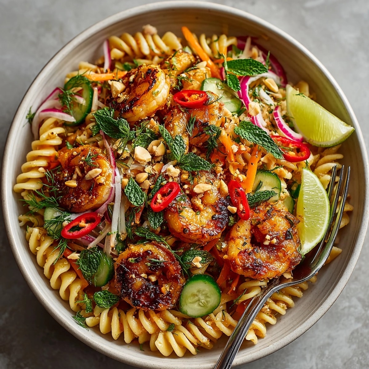 Banh Mi Pasta Salad with Vietnamese Herb Garden served chilled with vibrant herbs and fresh vegetables.