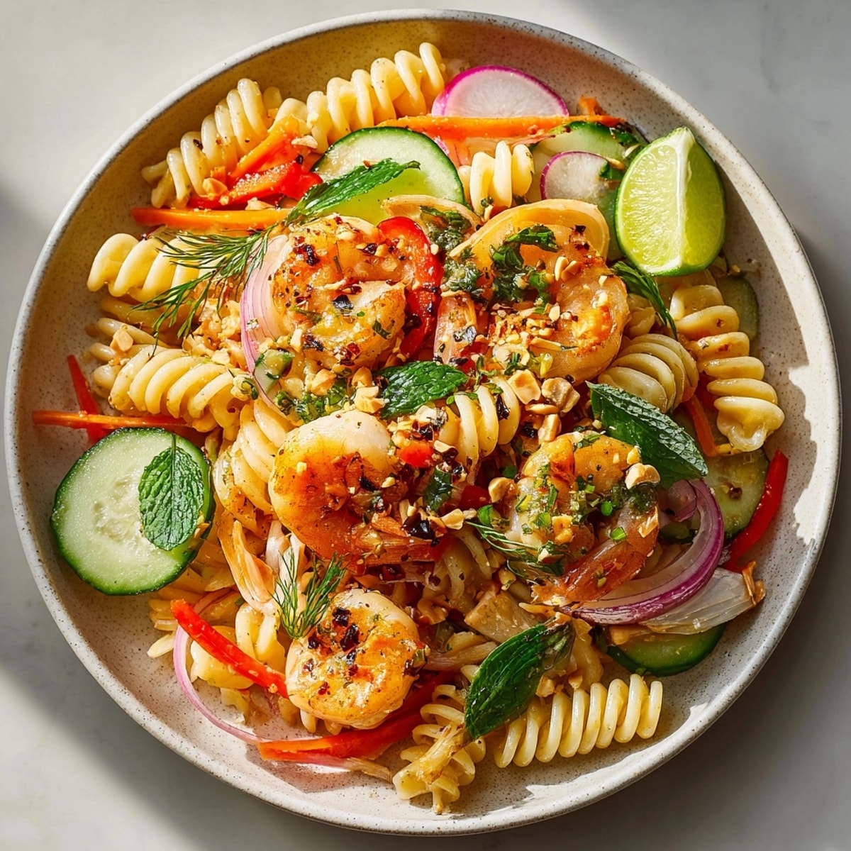 Colorful Banh Mi Pasta Salad with Vietnamese Herb Garden tossed in tangy dressing, garnished with peanuts.