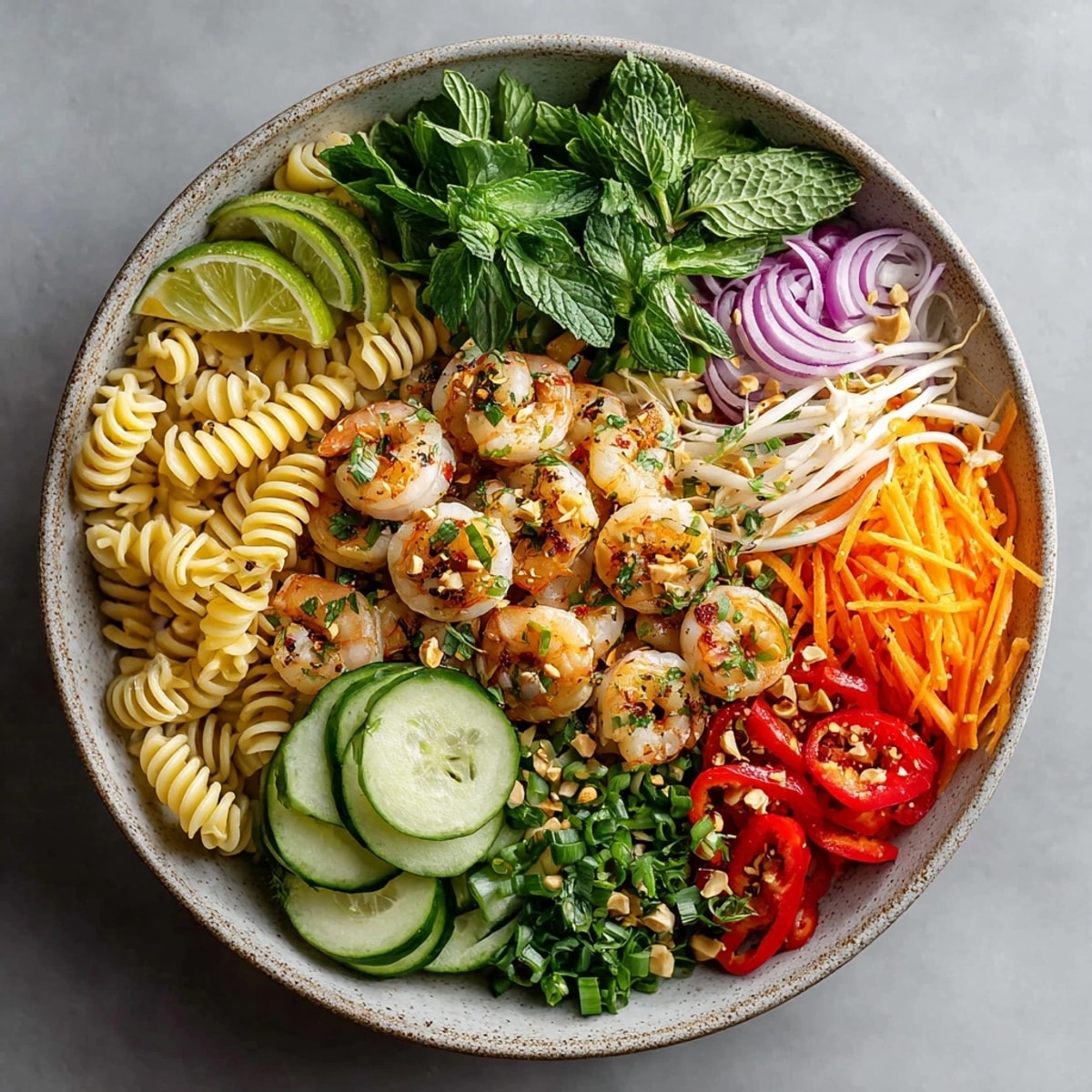 Fresh Banh Mi Pasta Salad with Vietnamese Herb Garden featuring shrimp, pickled veggies, and fragrant mint.
