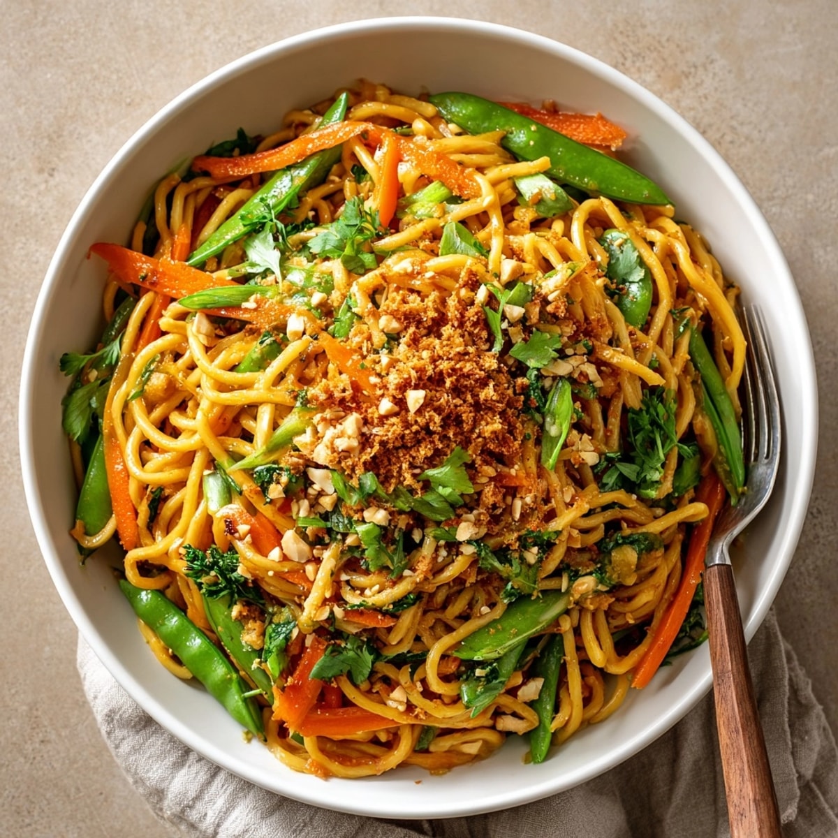 Freshly made Ginger Garlic Noodles with Crystallized Ginger Crunch garnished with cilantro and spring onion for color and taste.