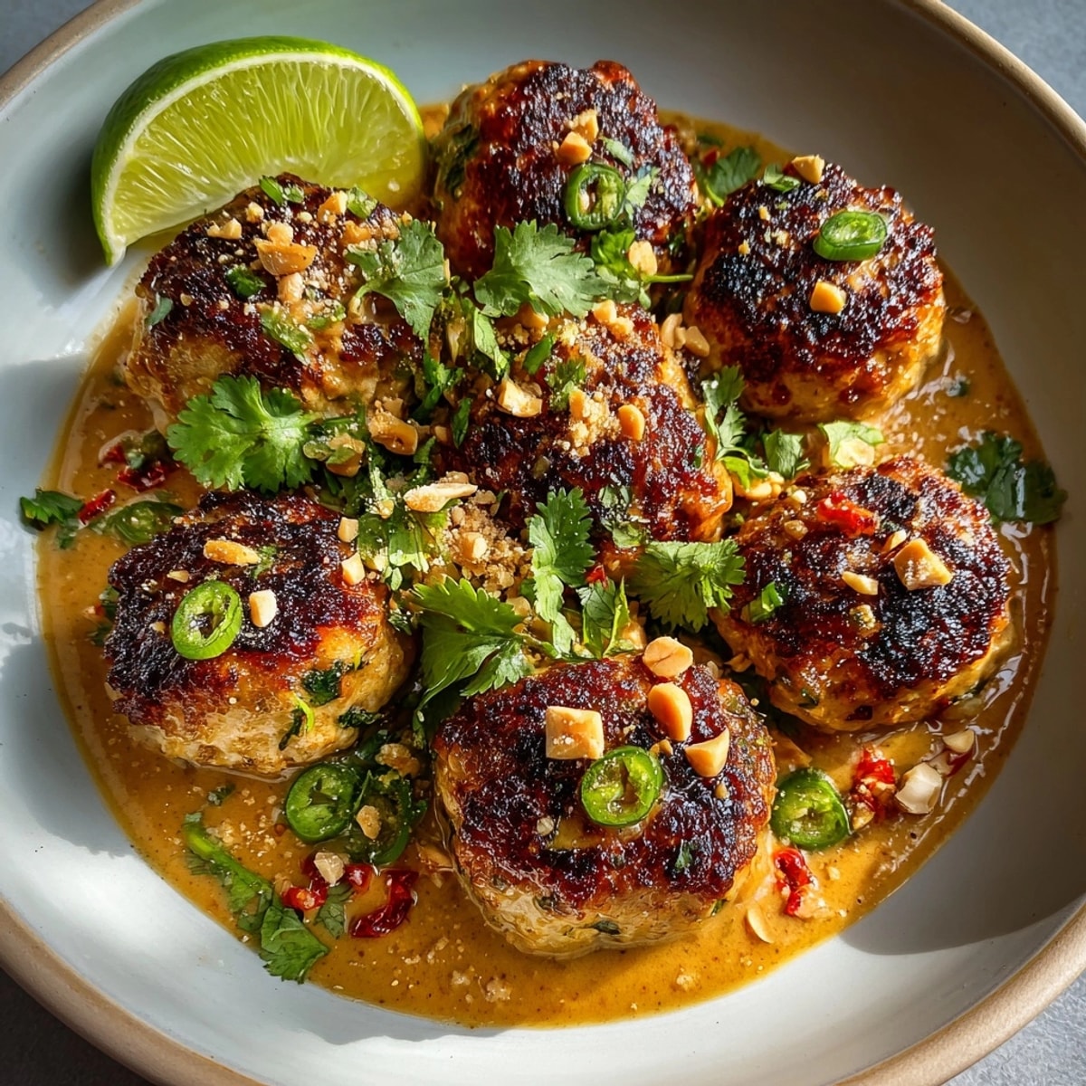 Glazed Thai Peanut Chicken Meatballs garnished with roasted peanuts and lime wedges for a flavorful bite