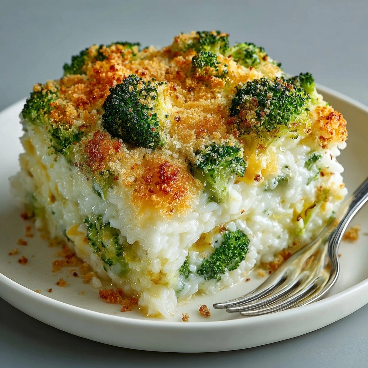 Golden Cheesy Broccoli Rice Casserole fresh from the oven, topped with crispy breadcrumbs.