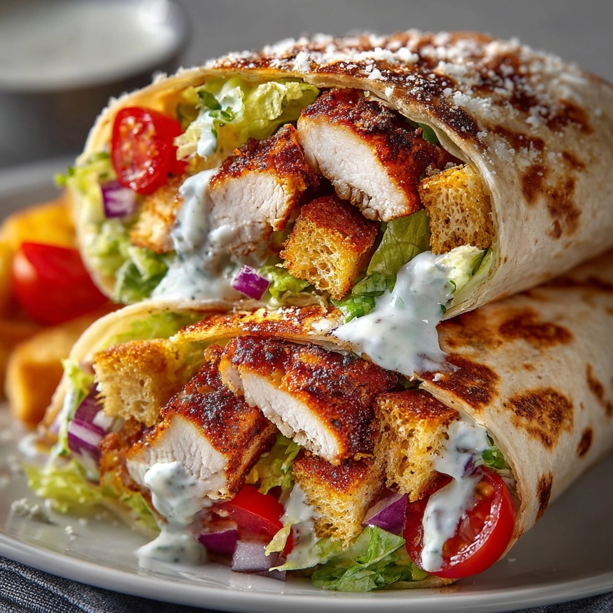 Cajun Chicken Caesar Wraps filled with spicy grilled chicken, crisp lettuce, and creamy dressing on a tortilla.