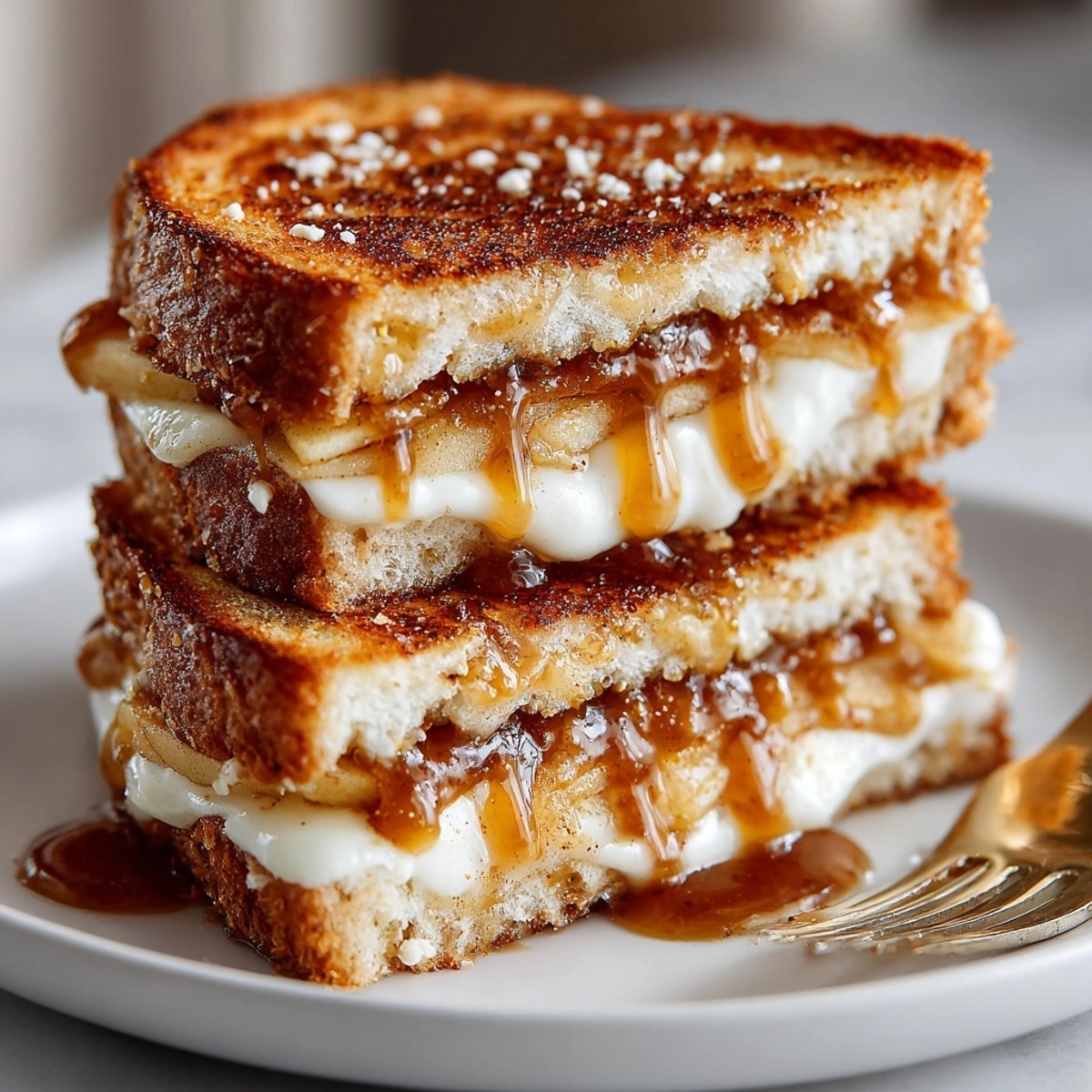 Caramelized apple and cheese filling melting inside a crispy cinnamon apple grilled cheese slice.