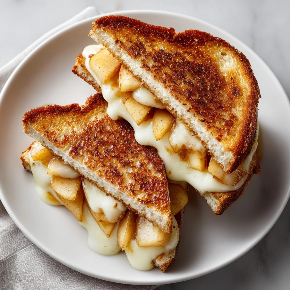 Cinnamon apple grilled cheese served hot, showing gooey cheese and sweet apple layers inside.