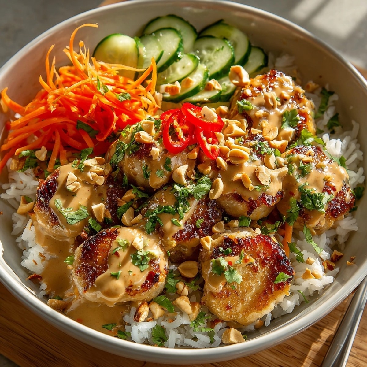 Thai Peanut Chicken Bowls with tender chicken, crisp vegetables, and creamy peanut sauce over jasmine rice