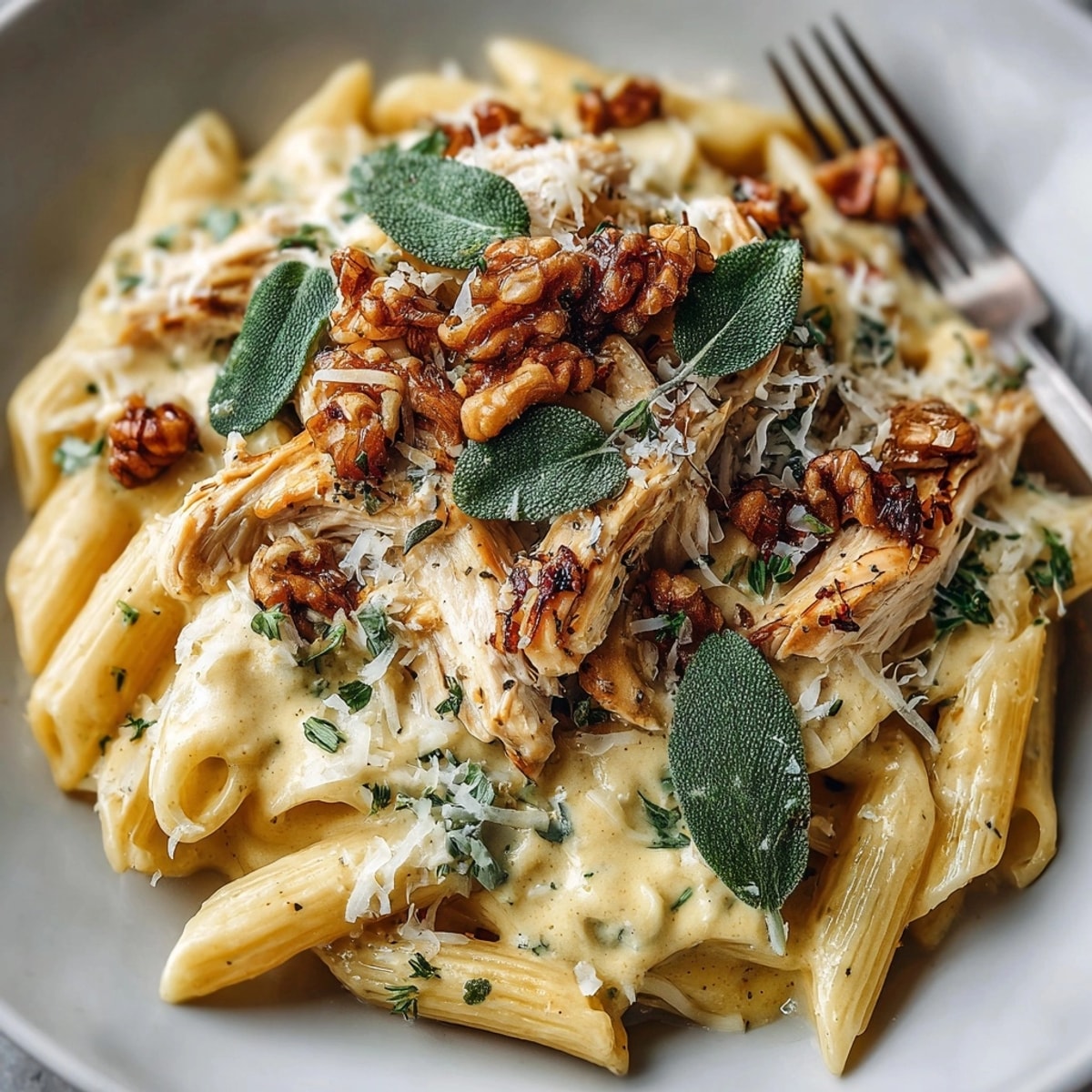 Creamy Pumpkin Chicken Penne served in a bowl, topped with toasted walnuts and sage.