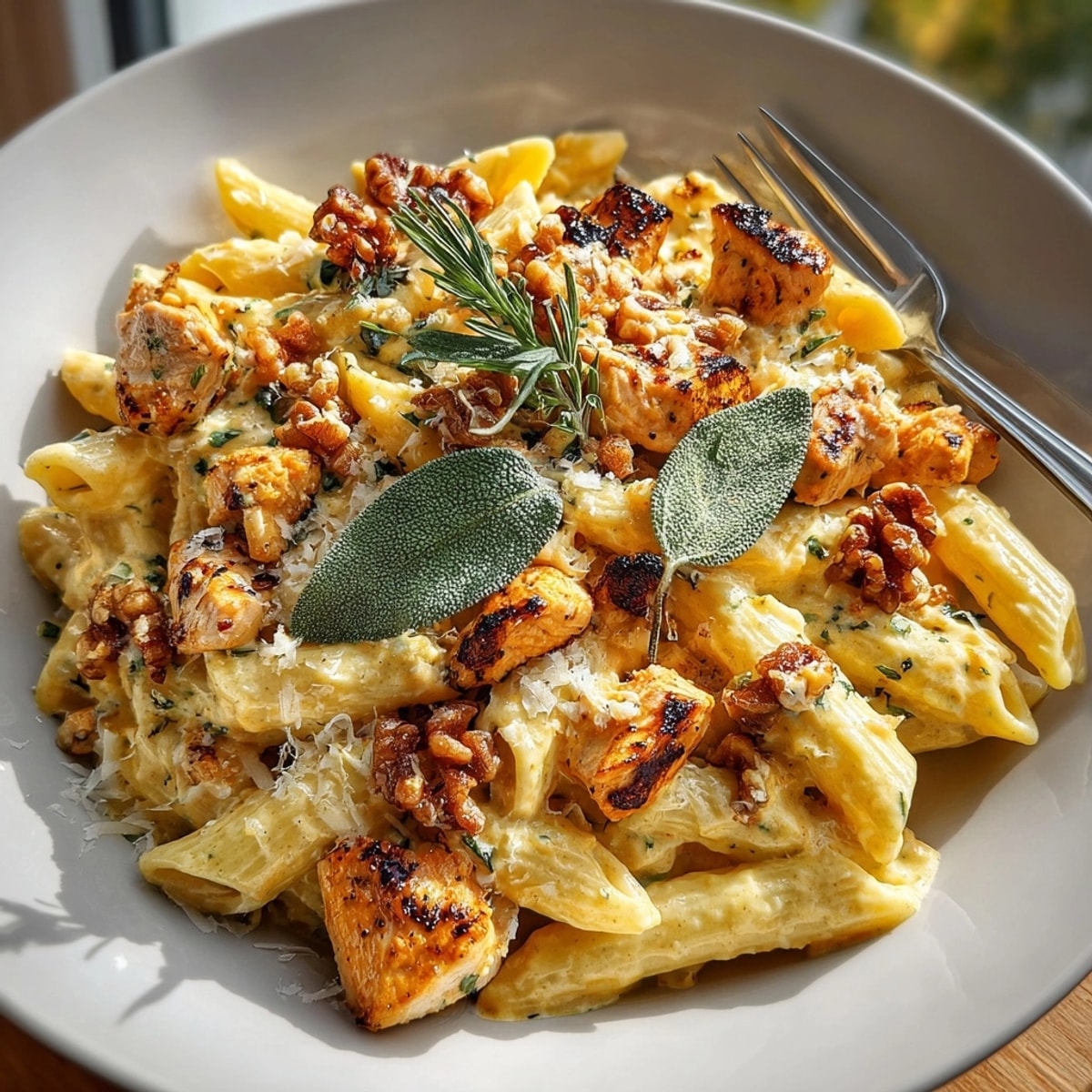 A comforting plate of creamy pumpkin chicken penne pasta with rich Parmesan sauce.