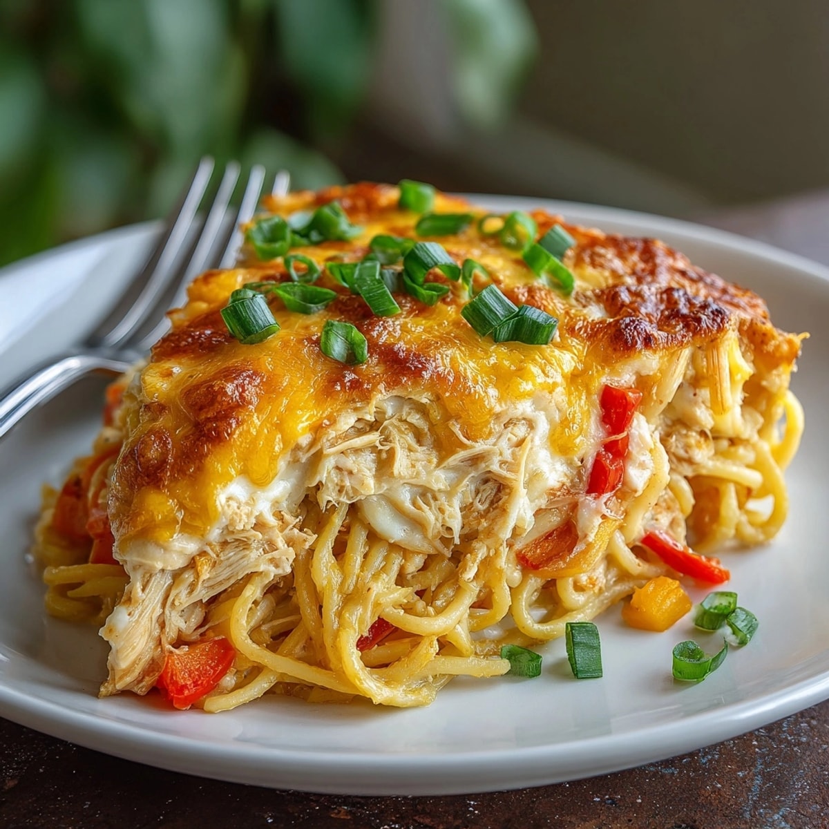 Close-up of Spicy Southern Cheesy Chicken Spaghetti Casserole fresh from the oven, topped with green onions.