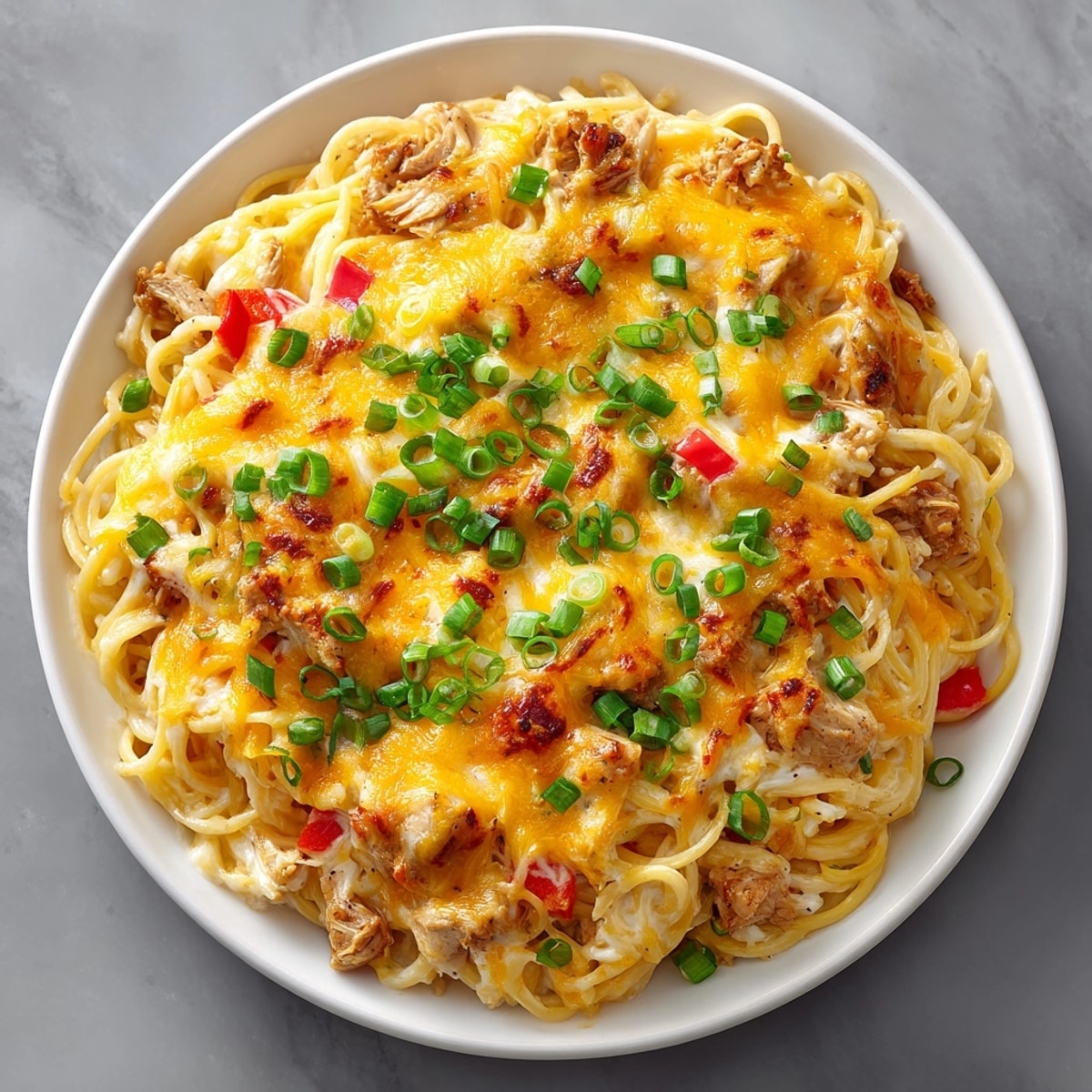 Serving of Spicy Southern Cheesy Chicken Spaghetti Casserole featuring creamy layers and a spicy, gooey cheese topping.