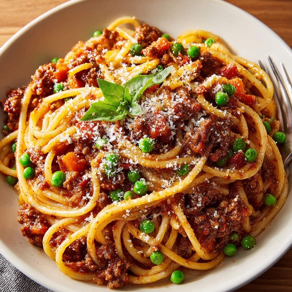 Spaghetti Bolognese with smoky bacon and peas, topped with Parmesan and fresh basil.