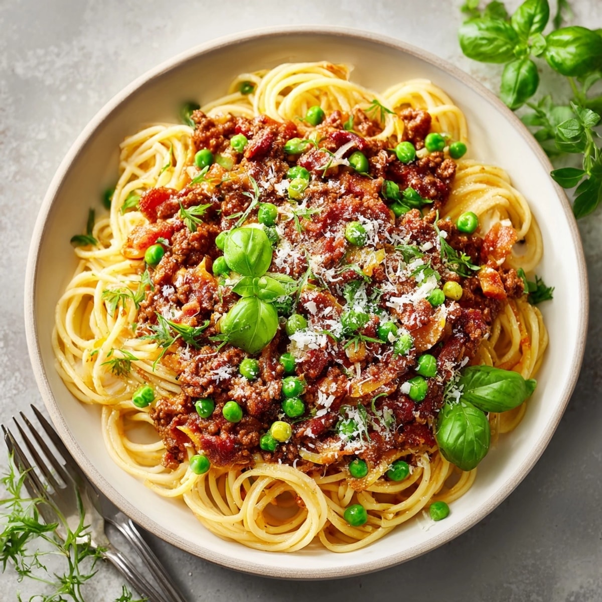 Close-up of Spaghetti Bolognese with smoky bacon, sweet peas, and rich tomato sauce.