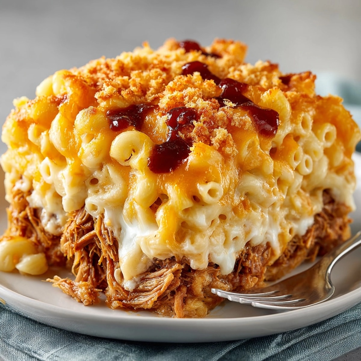 Golden, cheesy BBQ Pulled Pork Macaroni Bake served hot, garnished with crispy breadcrumbs.