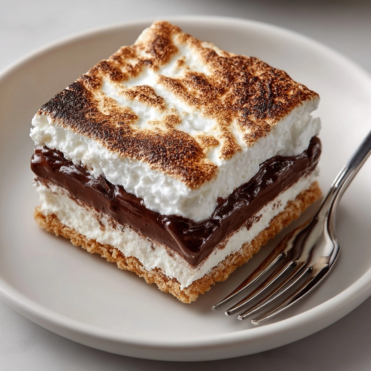 Frozen s'mores bars served chilled, showcasing velvety pudding and fluffy marshmallow filling between crackers