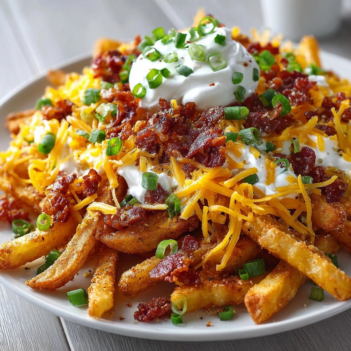 Loaded Bacon Cheese Fries topped with melty cheddar, crispy bacon, and fresh green onions.