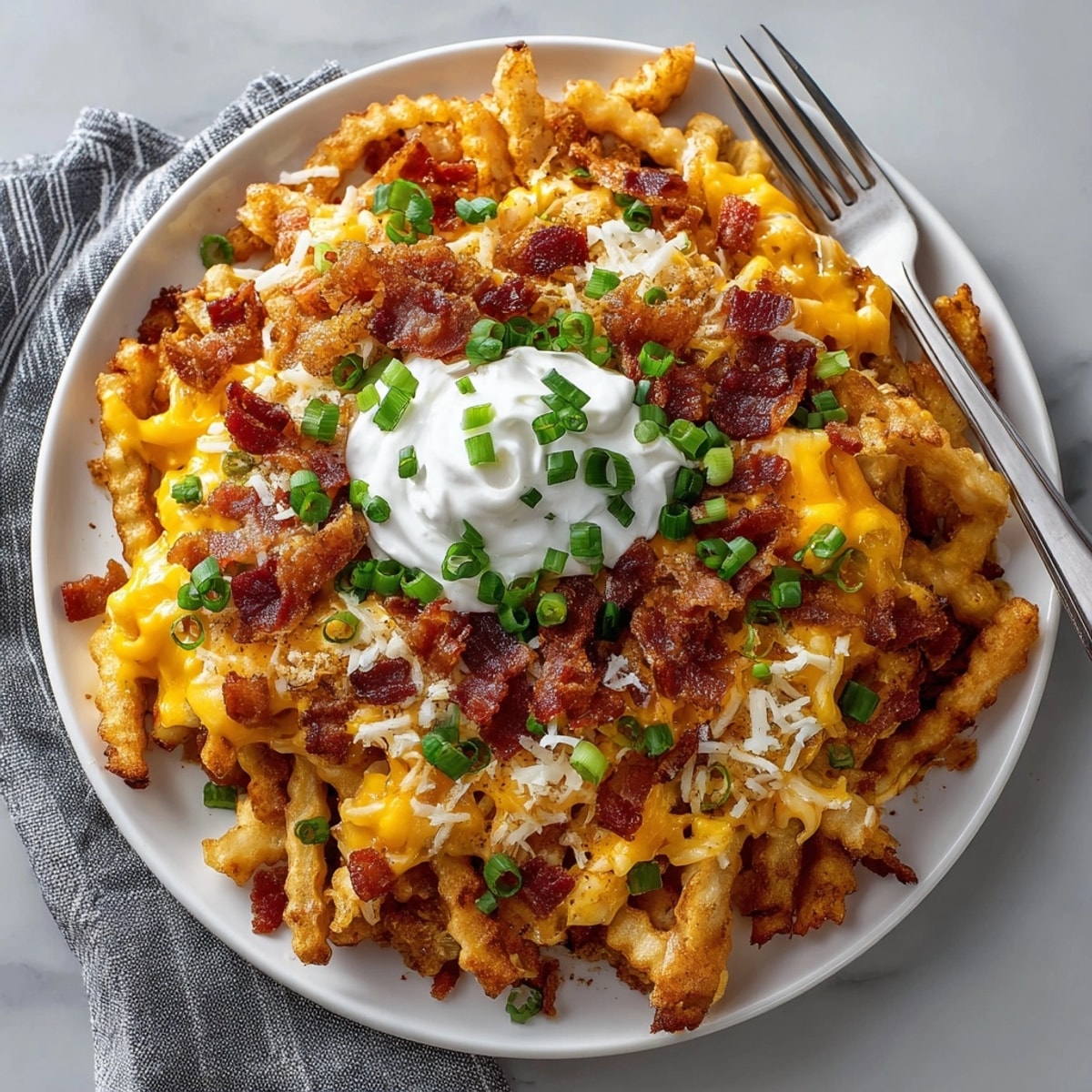 Golden loaded bacon cheese fries served hot with bubbling cheese and a dollop of sour cream.
