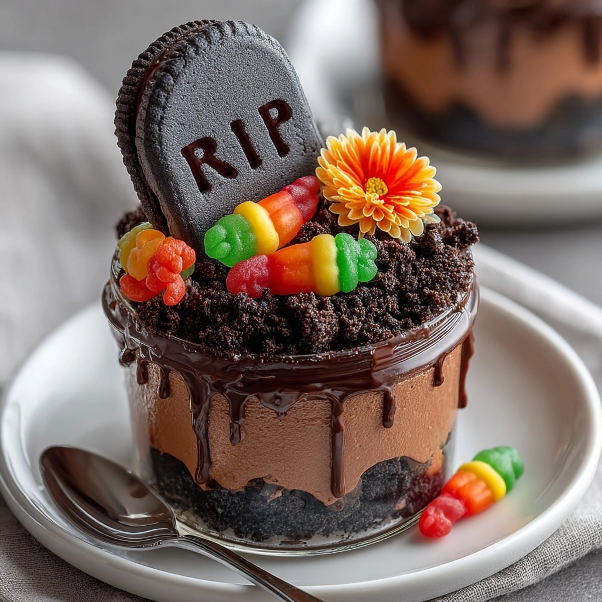 Halloween dessert: Rich vegan dark chocolate graveyard mousse layered with crushed cookie "dirt".