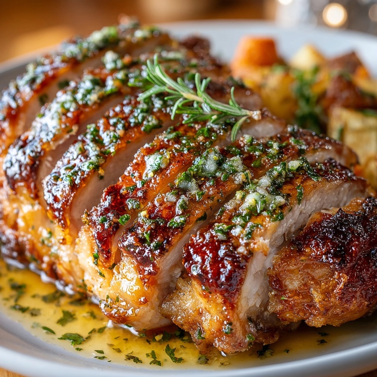 Golden Herb Butter Roasted Turkey, a Thanksgiving centerpiece, glistening with aromatic herbs.