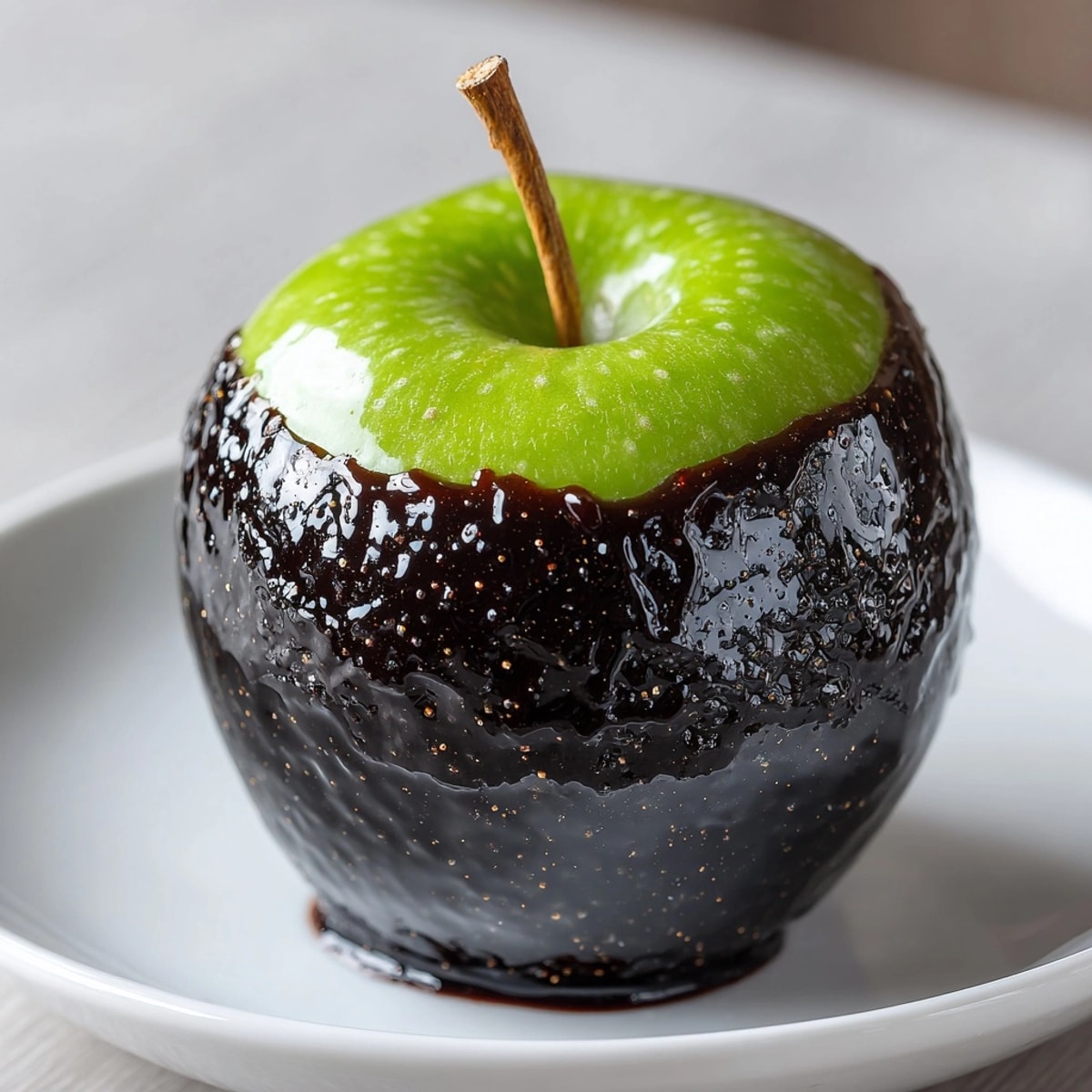 Glossy, dark Black Poison Candy Apples on parchment; a spooky Halloween treat.