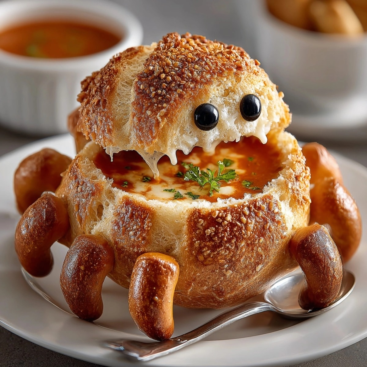 Golden Spider Bread Bowl filled with creamy tomato soup—ready for dipping fun.