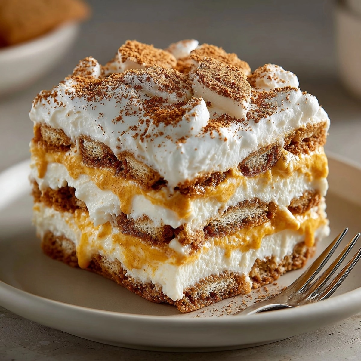 Easy No-Bake Pumpkin Pie Icebox Cake squares with cinnamon, ready to be enjoyed!
