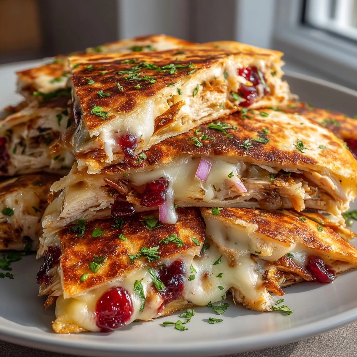 Tangy Leftover Turkey Cranberry Quesadillas loaded with fillings, ready to cut into wedges.