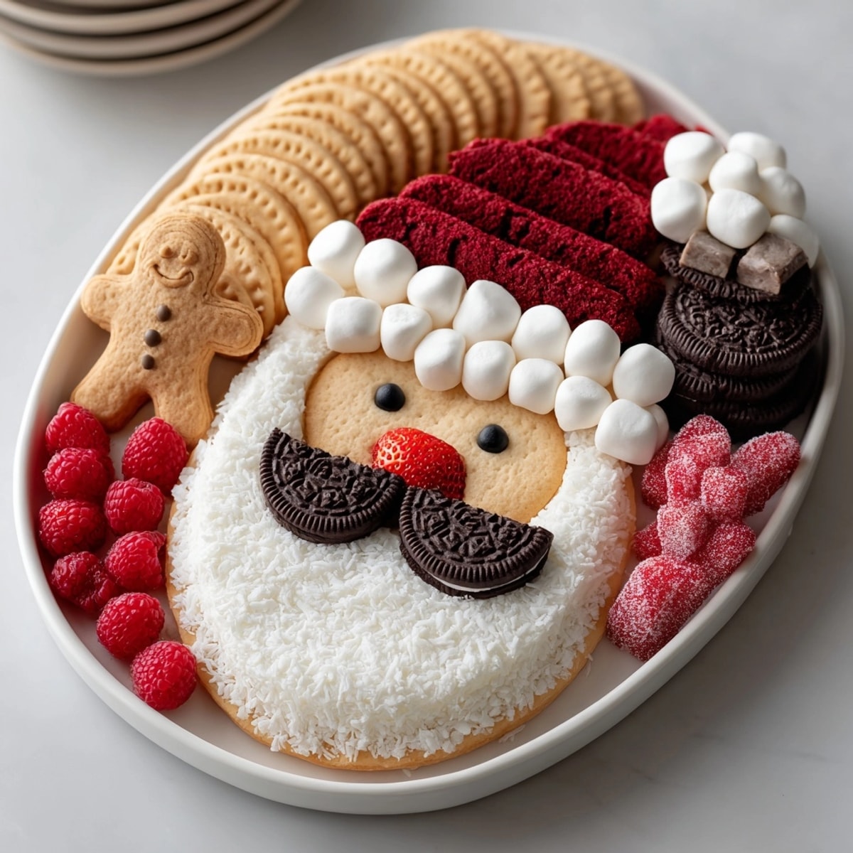 Festive Santa "Charcuterie" Cookie Platter with red velvet hat and marshmallow beard.