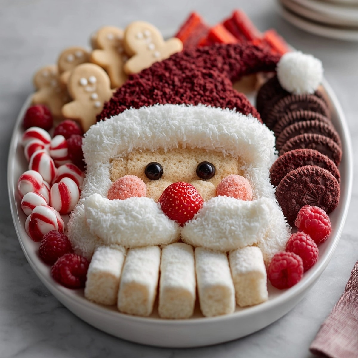 Close-up of a Santa "Charcuterie" Cookie Platter, showing vibrant strawberries and coconut beard.