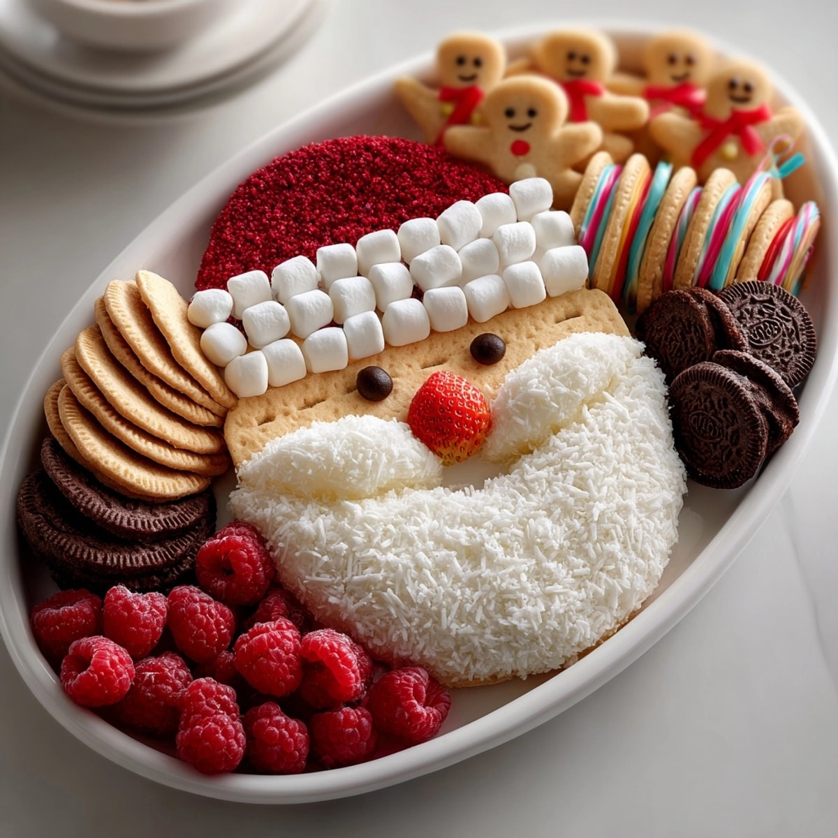 Homemade Santa "Charcuterie" Cookie Platter: vanilla wafers, red candies and chocolate cookies.