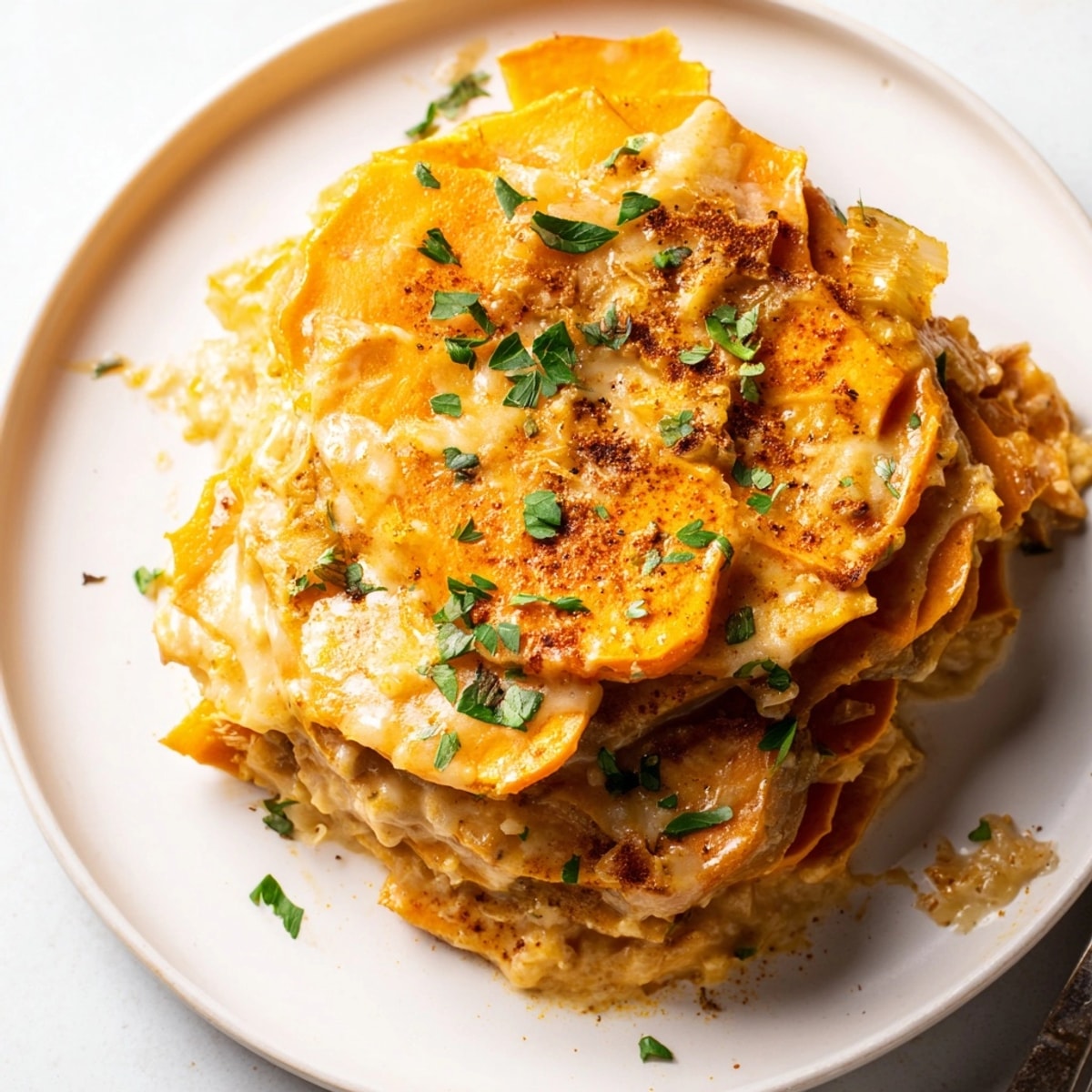 Golden-brown Cajun Sweet Potato Gratin bubbling hot from the oven, a creamy, spicy delight.