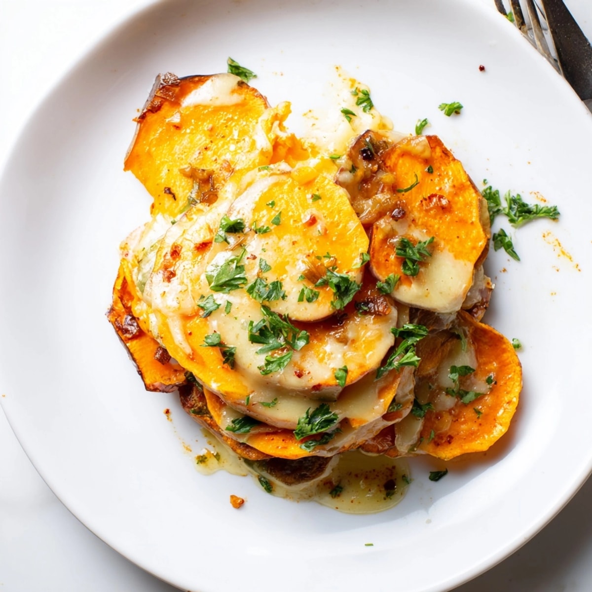 Close-up of warm, layered Cajun Sweet Potato Gratin, cheese melted, garnished with fresh parsley.