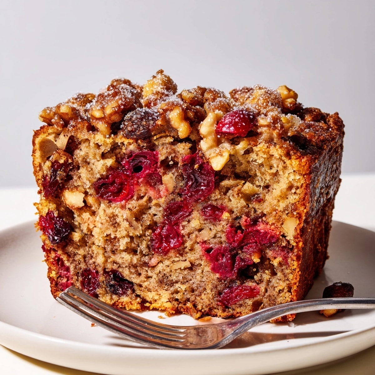 Golden Cinnamon Cranberry Breakfast Loaf, fresh from the oven, speckled with tart cranberries.