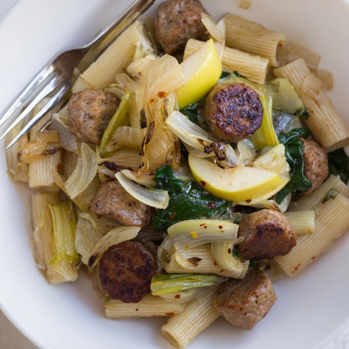 Golden Roasted Apple and Sausage Pasta Skillet, ready to serve from the oven.