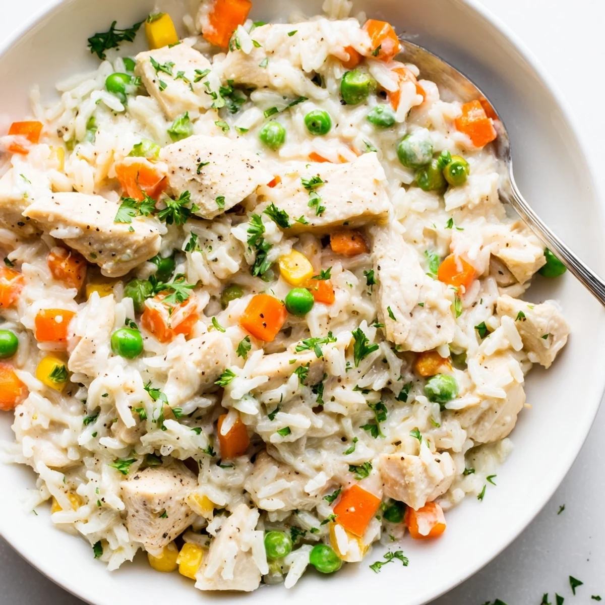 Creamy Chicken and Rice in a cozy pot, garnished with fresh parsley and colorful vegetables.