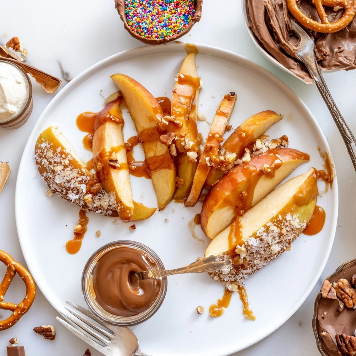 Delicious caramel-dipped apples surrounded by sweet and salty treats for sharing.