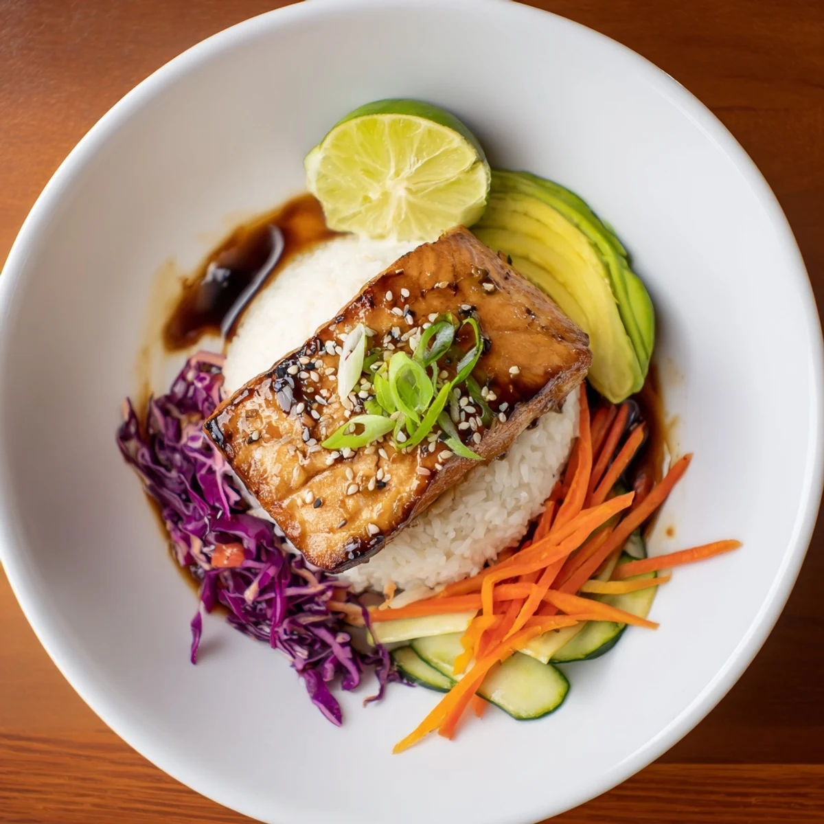 Nourishing soy-maple salmon rice bowls adorned with colorful carrots and cabbage.