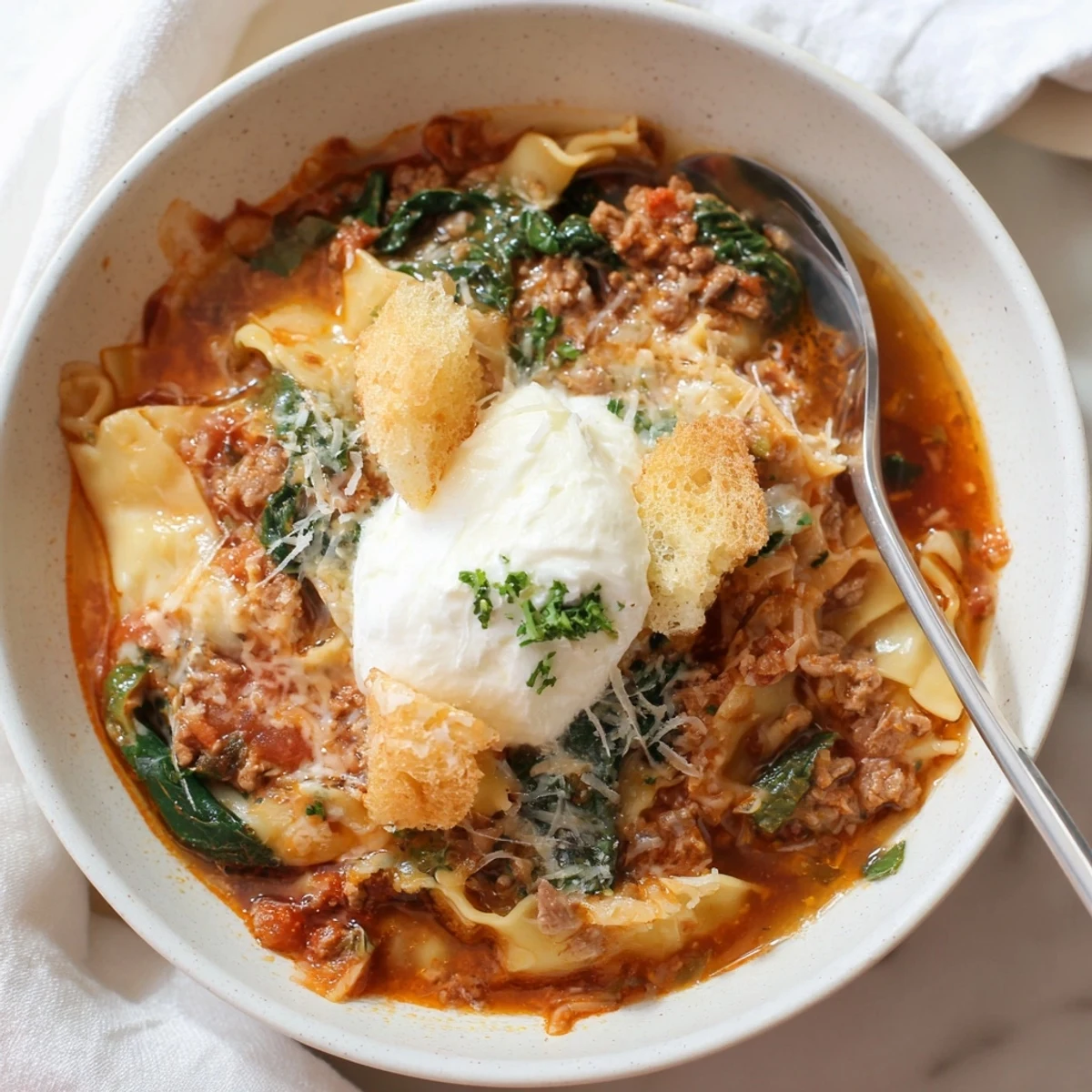 Comforting lasagne soup with spinach and flavorful roasted garlic croutons on top.