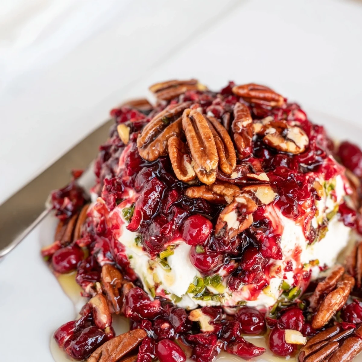 Vibrant cranberry jalapeƱo dip served with crackers, a sweet and spicy delight.