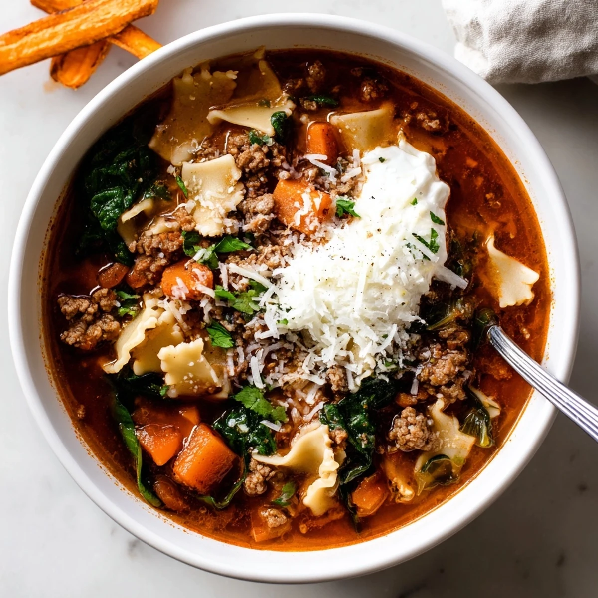 Hearty lasagne soup topped with creamy cheese, served with crispy sweet potato fries.