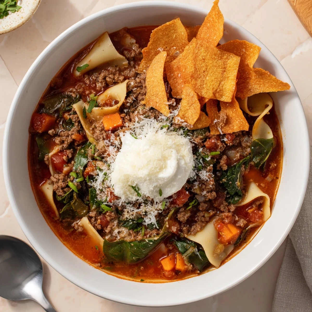 Warm bowl of lasagne soup garnished with rich cheese and paired with sweet potato fries.