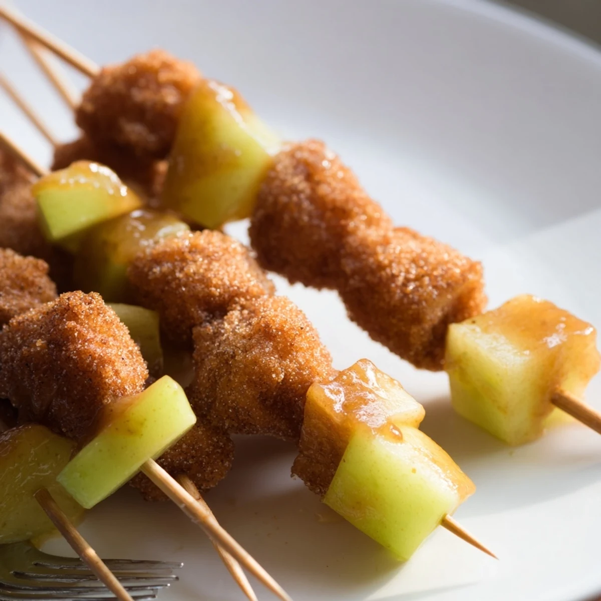 Crispy caramel apple churro skewers drizzled with extra caramel sauce, perfect for sharing.  