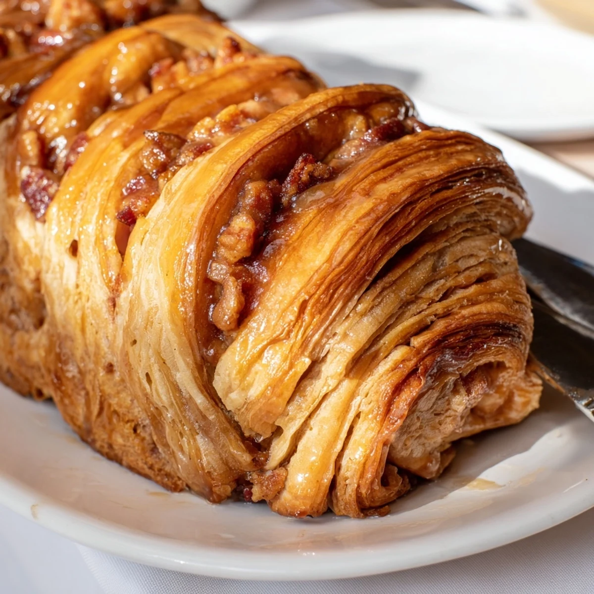 Sliced Maple Bacon Croissant Loaf showcases crispy bacon in a creamy, decadent custard.  