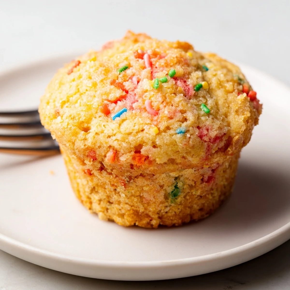 Cheerful Funfetti cornbread muffins with rainbow sprinkles, ideal for any celebration.