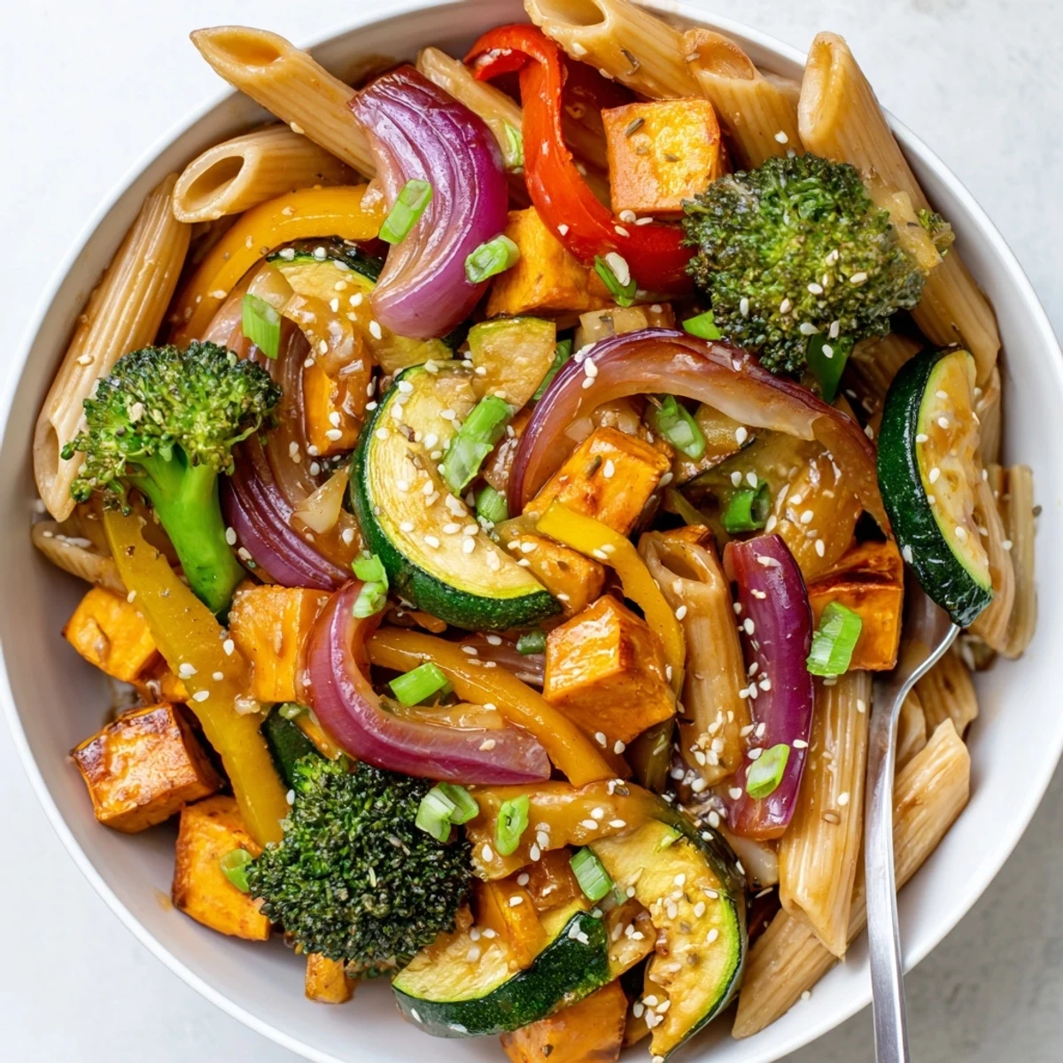 Savory-sweet Miso Maple Roasted Veggie Pasta with vibrant seasonal vegetables, a delightful fusion.  