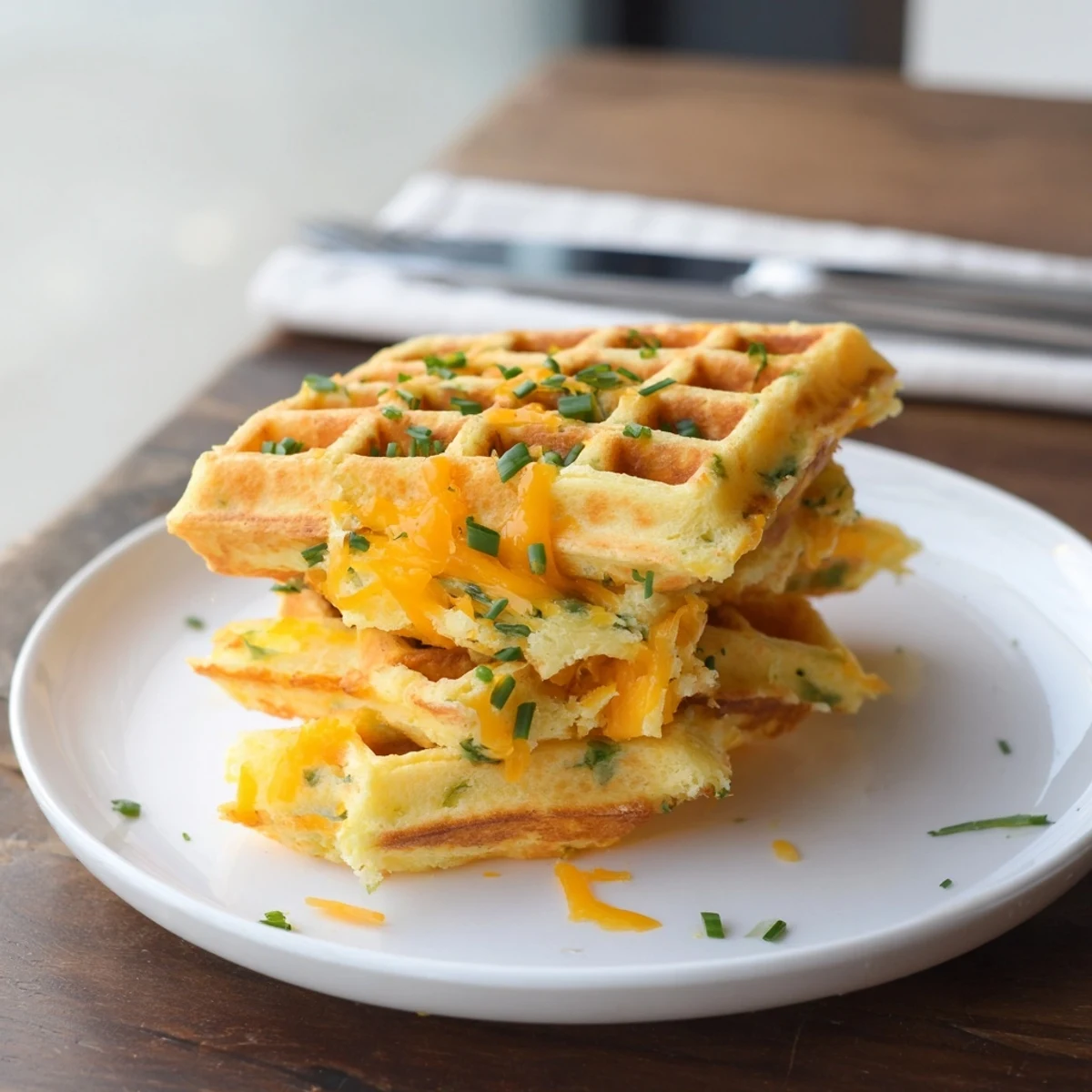 Fluffy Cheddar Jalapeño Biscuit Waffles, golden brown and enticingly cheesy, perfect for brunch.