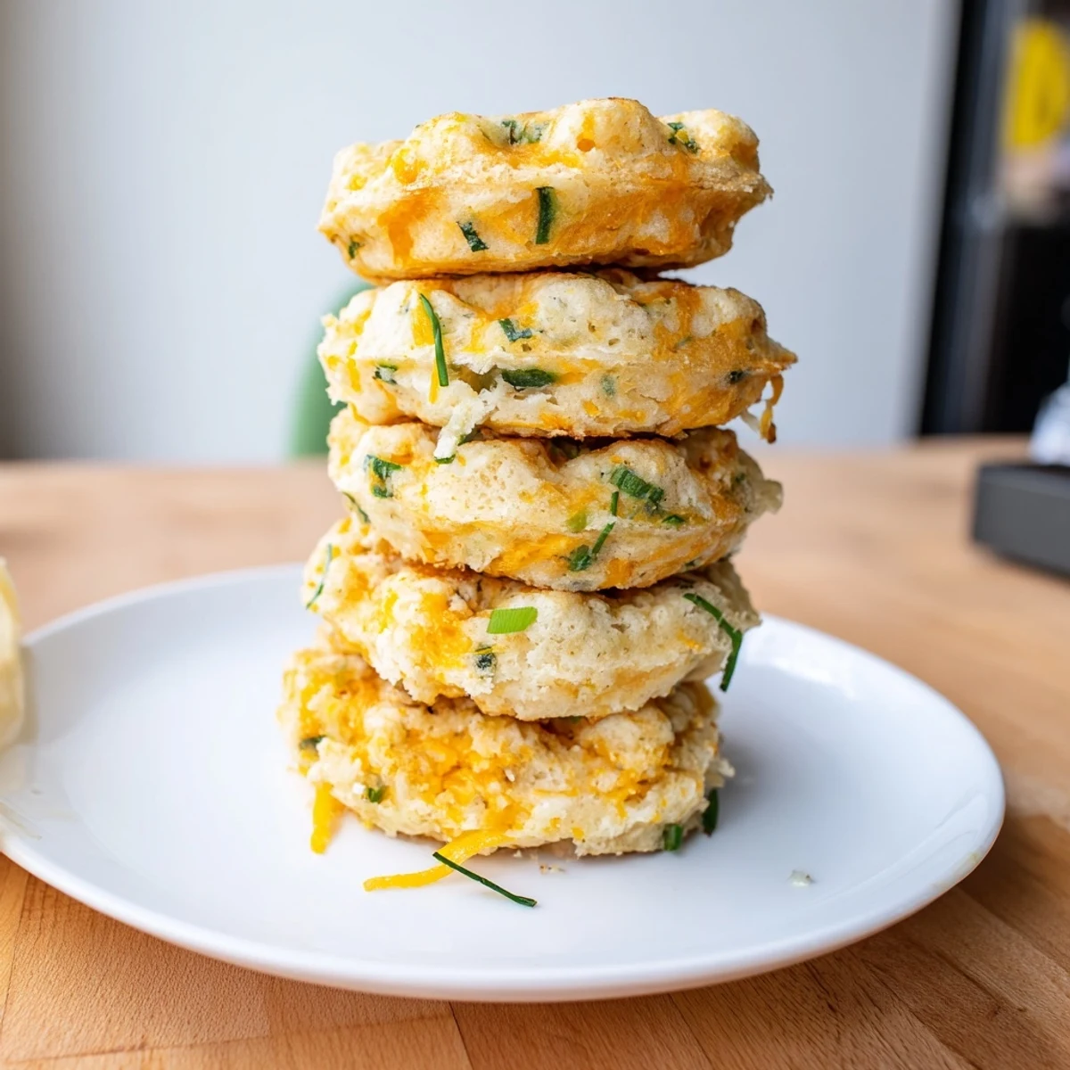 Golden Cheddar Jalapeño Biscuit Waffles served warm, bursting with flavor for morning cravings.
