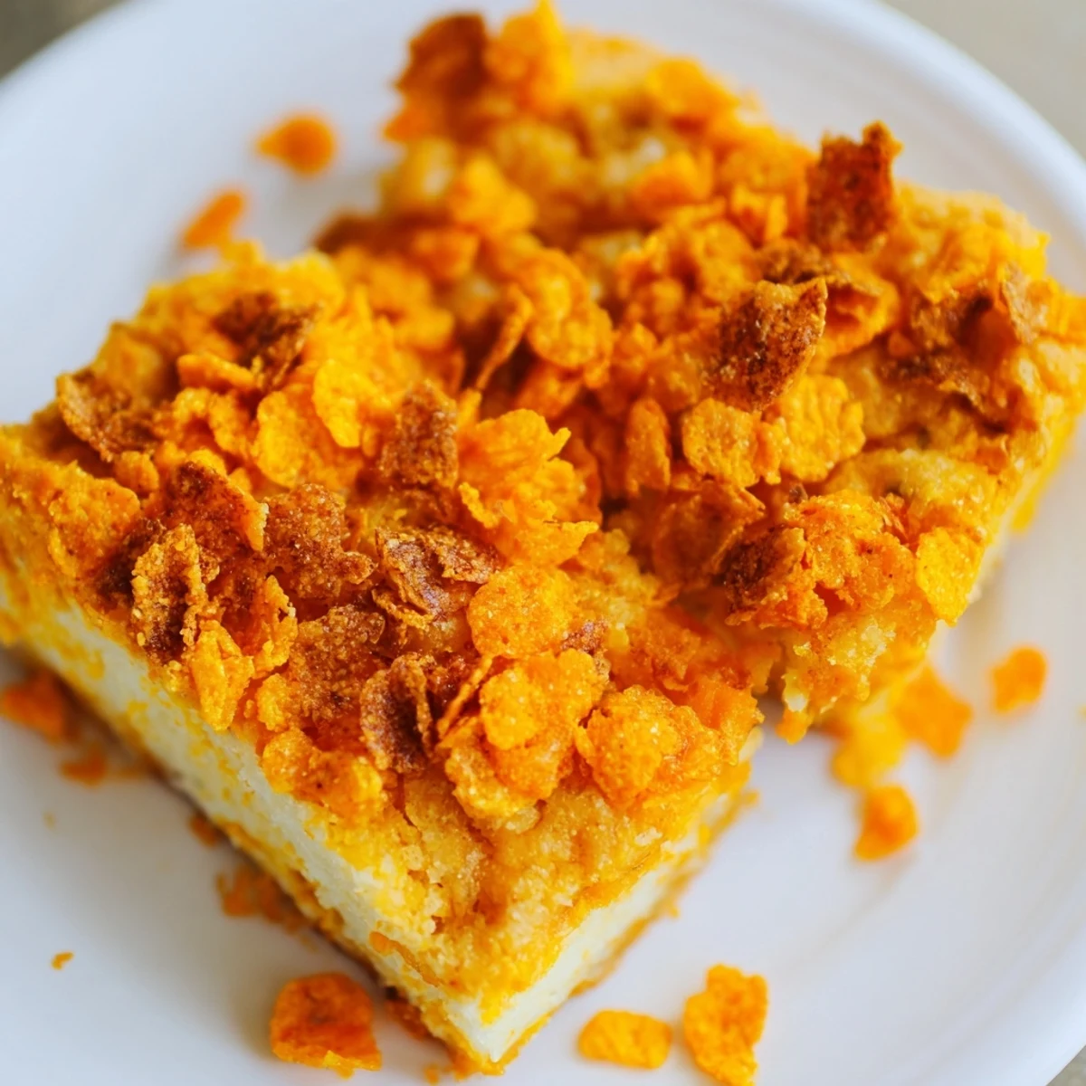 Buttery Flamin Hot sweet potato biscuit bars topped with spicy crushed snacks.  