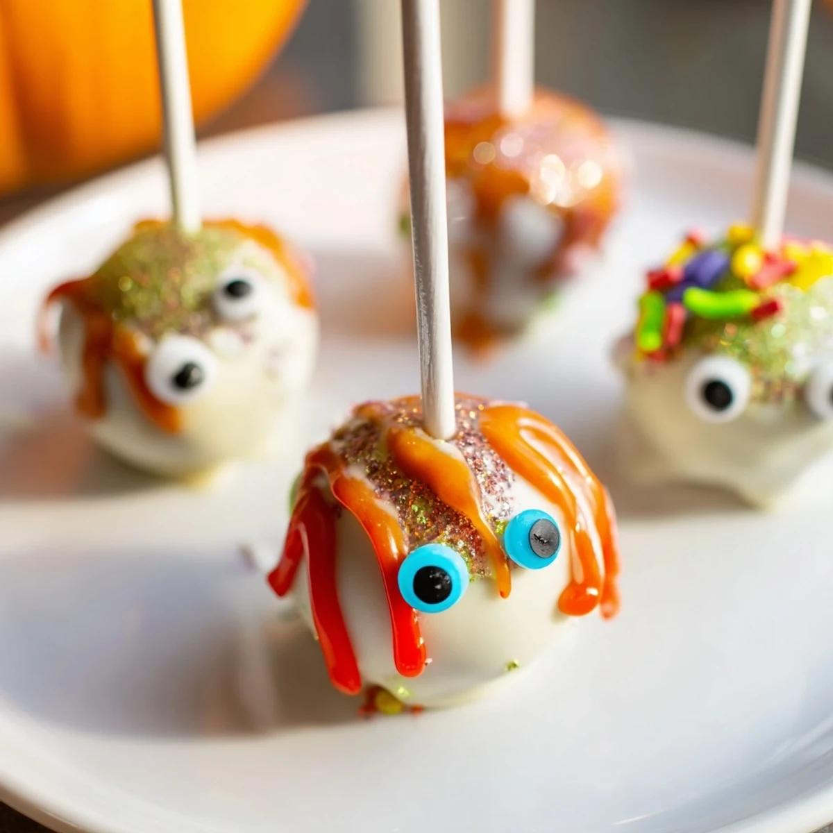 Moist caramel apple cinnamon monster cake pops decorated with colorful sprinkles and candy eyes.  